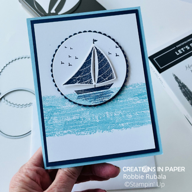 A close up of a quick and easy masculine card made using the Let's Set Sail Stampin' Up! bundle. 