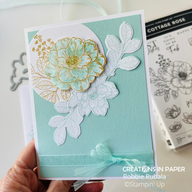 A close up so you can see the glycerin coloring of the flower on the Spotlighted Stampin' Up! Cottage Rose idea.