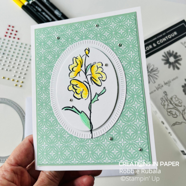 Close up of the Stampin' Up Color & Contour clean and simple card so you can see the shading of the flowers.