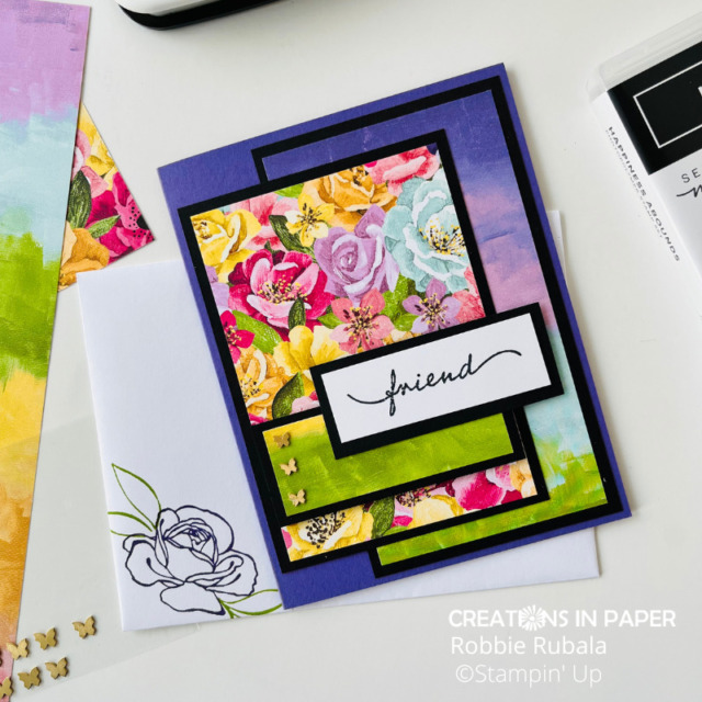 The coordinating stamp set for this pattern paper makes it easy to decorate the inside of the card and envelope.  Don't miss seeing all the details for the Stampin' Up! Hues of Happiness Friend card.