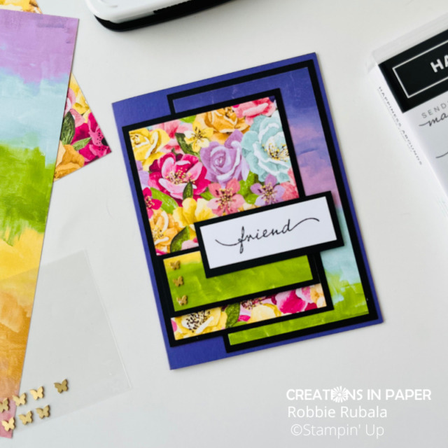 Check out this colorful card!  Love how the black makes the colors pop.  You can order the products used for my Stampin' Up! Hues of Happiness Friend card by clicking through.