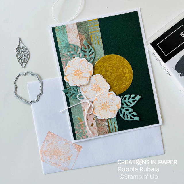 Look at the corner of the envelope.  There is a funny story about what happened with that.  Don't miss the story for the Stampin' Up Season of Chic monthly focus creation.