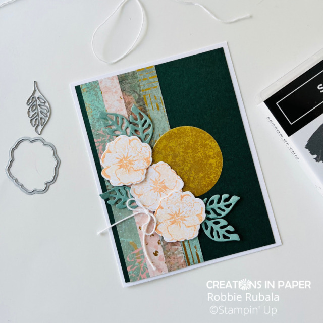 Look at how the strips of paper set off the flowers on this card.  The gold circle is the perfect accent for this pretty card.  Check out all the details for the Stampin' Up Season of Chic monthly focus creation.