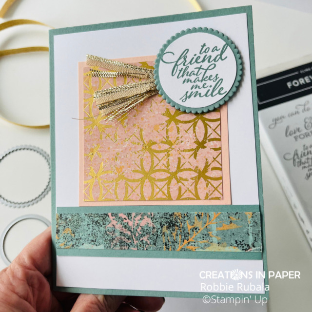 Close up of card using Stampin' Up Texture Chic so you can see the ribbon embellishment