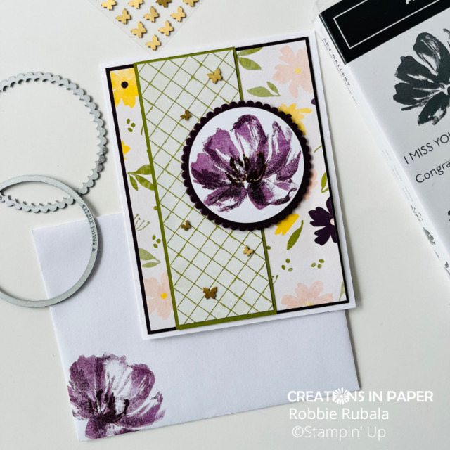 The image was used to stamp the inside of the card and envelope for the Stampin' Up Art Gallery in Blackberry Bliss card.