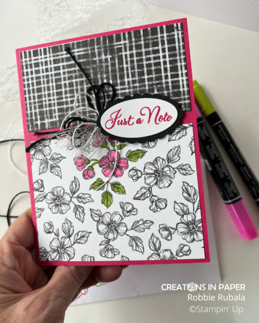 Check that fun ribbon embellishment on the Stampin' Up Perfectly Penciled Spotlighting card.