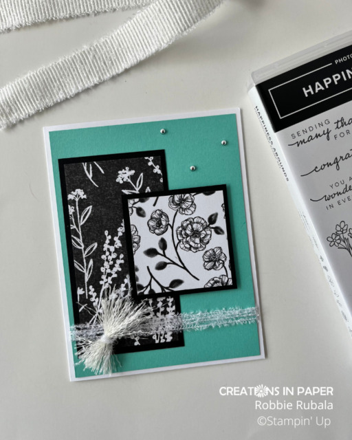 Black and White pattern paper and a fun ribbon treatment for the Stampin' Up Perfectly Penciled fun ribbon treatment idea