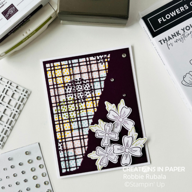 Hiding a busy pattern paper is easy using the Stampin' Up Split Card Textures Idea.