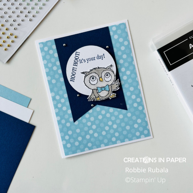 A cute owl in blue is the idea for the Stampin' Up Adorable Owls Hoot Hoot!