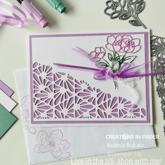 The stamp in the stamp set pairs well with this die in the Stampin' Up Cottage Flowers card.