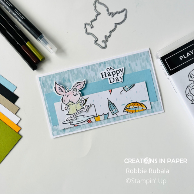 Look at this cute rabbit playing in the rain.  The Stampin' Up Playing in the Rain Rabbit is a fun card.