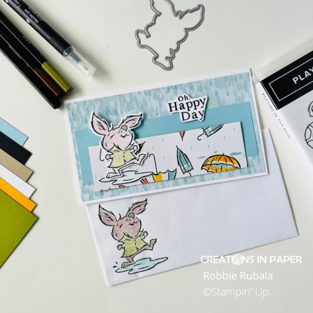 The Stampin' Up Playing in the Rain Rabbit card is a great card to bring a smile when they open the envelope