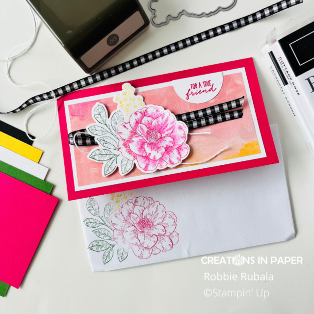 The black and white gingham ribbon makes the flower for the Stampin' Up Cottage slimline card pop off the page.  