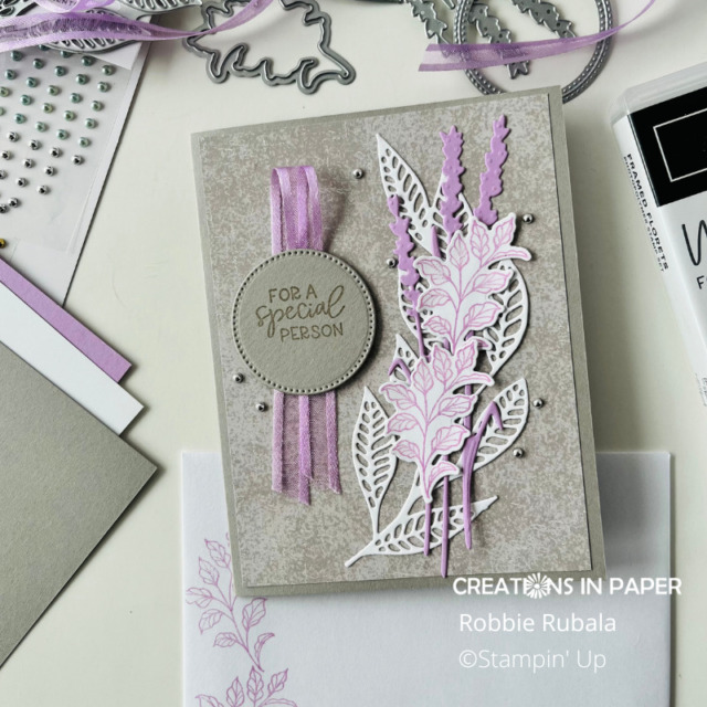 Love gray and purple as a color combo.  See the materials used for the Stampin' Up Framed Florets Special Friend card.