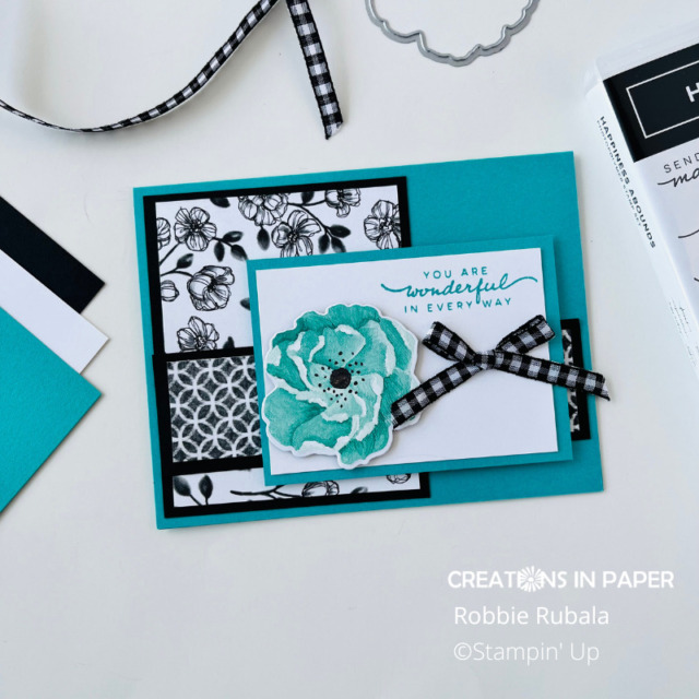 The black and white makes the Bermuda Bay color pop.  See the details for The Stampin' Up Hues of Happiness you are wonderful card.