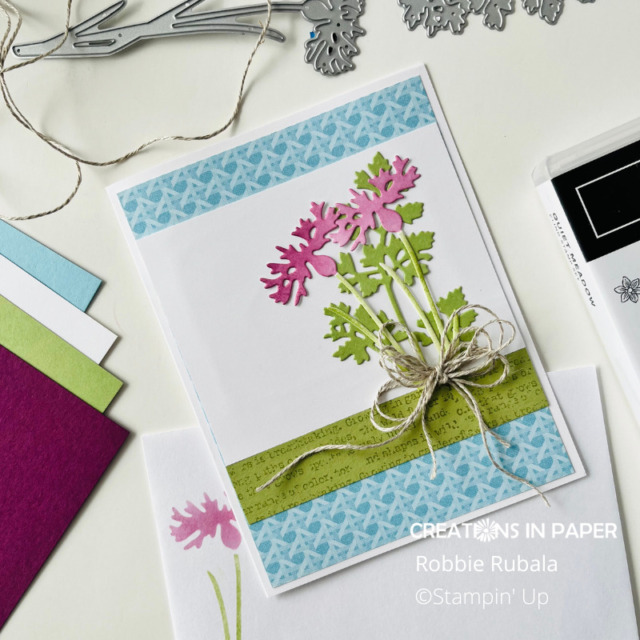 Use the negative of your die cut to decorate the inside of your card and envelope like I did for the Stampin' Up Quiet Meadow sketch idea