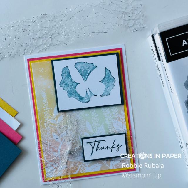 This pattern paper was perfect for the butterfly.  Get the details for the Stampin' Up Hello Irresistible Thanks card.