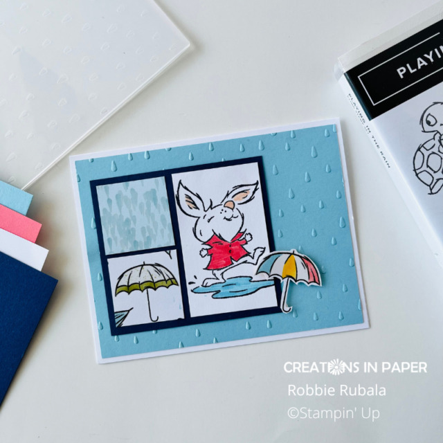 This little guy is loving his romp in the puddles.  This bundle is fun to play with.  Make sure you check out the Stampin' Up Playing in the Rain sketch idea card and order your bundle from my online store.