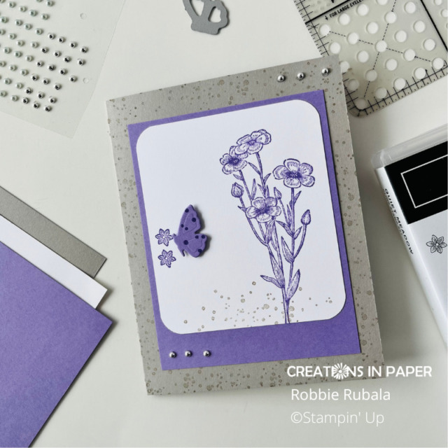 Look at how easy it is to create with simple images.  The Stamin' Up Quiet Meadow in purple card uses a flower stem and small flowers for a  quick card.