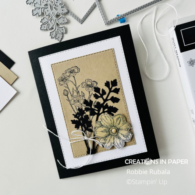 Black, white, and crumb cake are a striking color combo.  Don't miss seeing the video as to how I made this  Stampin' Up Quiet Meadow simple idea.