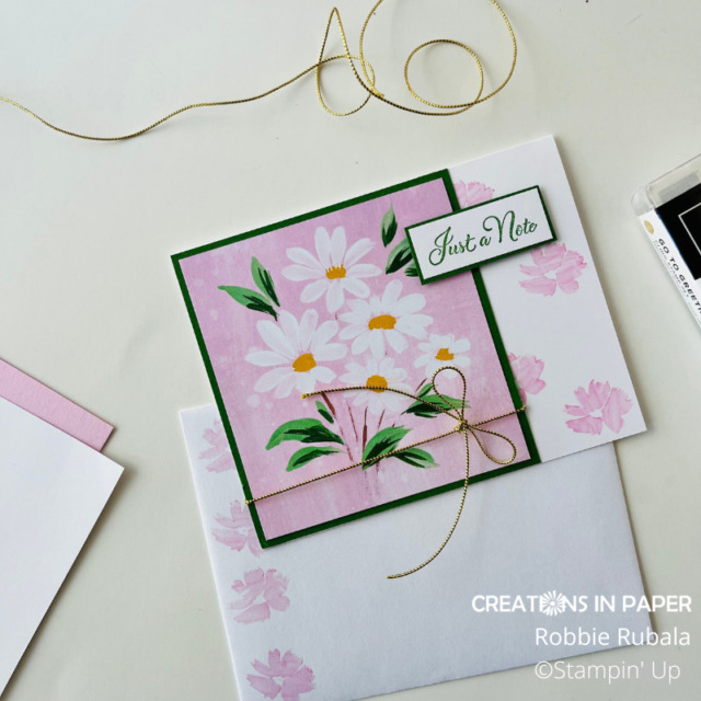 The gold twine is the perfect accent for this panel.  The Fresh as a Daisy Note from Stampin' Up is a quick and easy card using the pattern paper.  Order this on May 2nd.