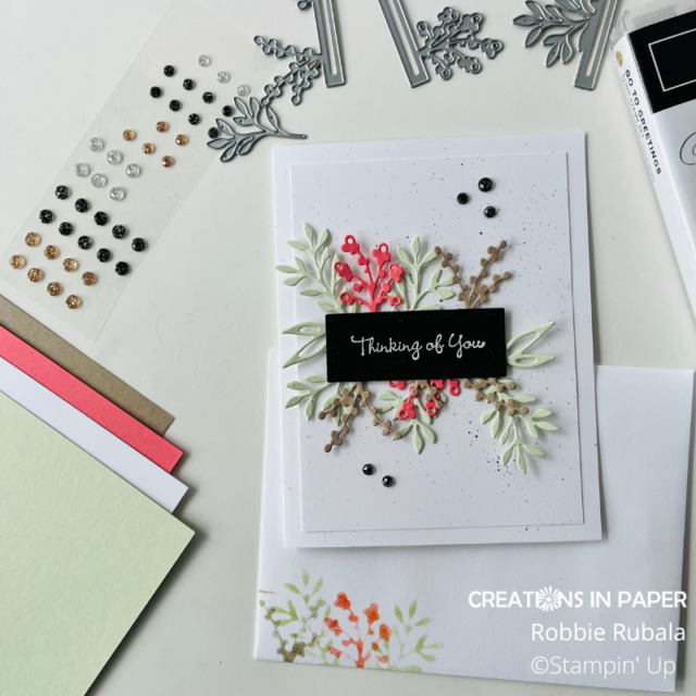 The card stock used to cut out the dies was used as a stencil to decorate the inside of the Timeless Arrangements from Stampin' Up card as well as the envelope.  Love extending the use of my dies!