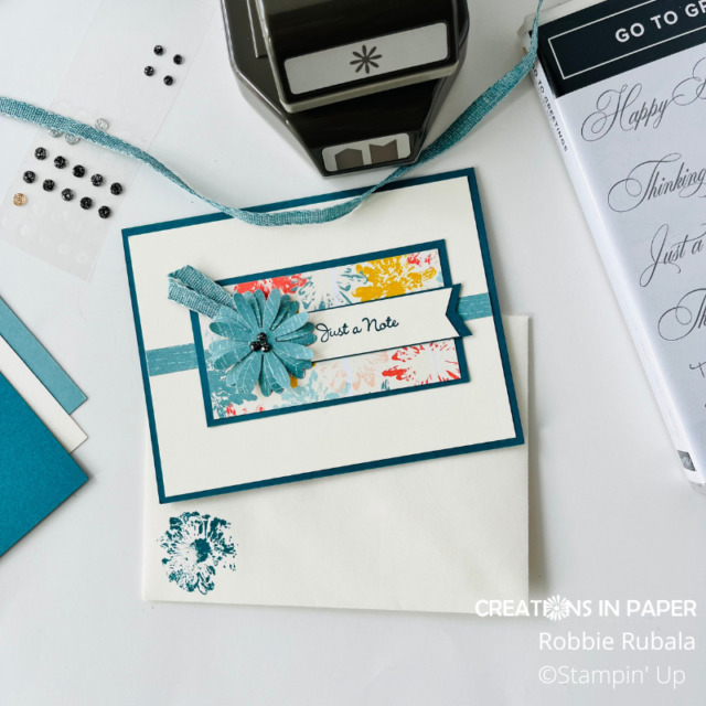 Love the use of the ribbon as a flag.  Take a closer look at the Inked Botanicals Just a Note creation.