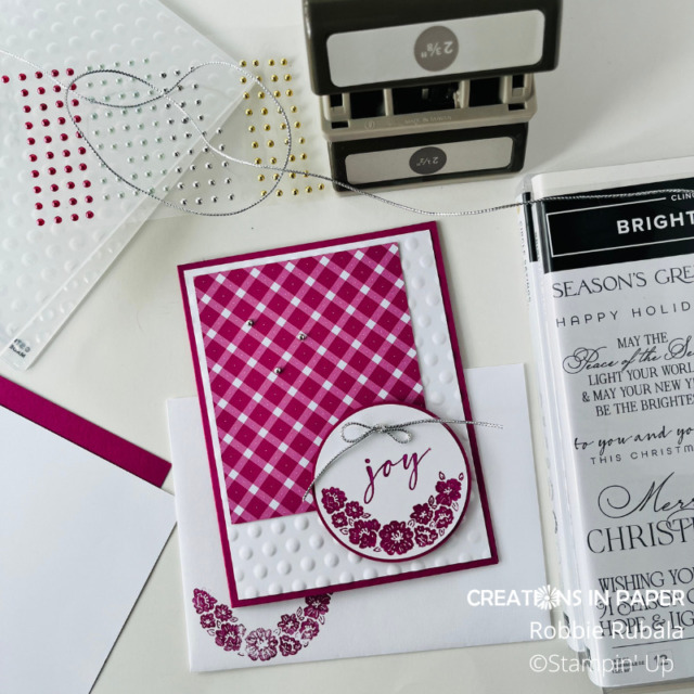 Dots, check, and sparkle make a fun Christmas card.  The Gingham Christmas Idea has all those with a simple layout.