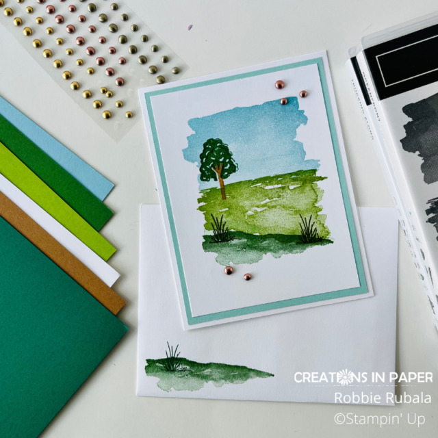 Have you ever thought about using this stamp set for a meadow?  A different masculine idea for Oceanfront creation is a perfect masculine card with a serene feeling.