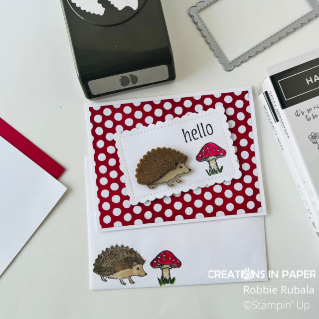 A cute little scene is easy to create with this stamp set.  Check out the Cute Happy Hedgehog guy card.