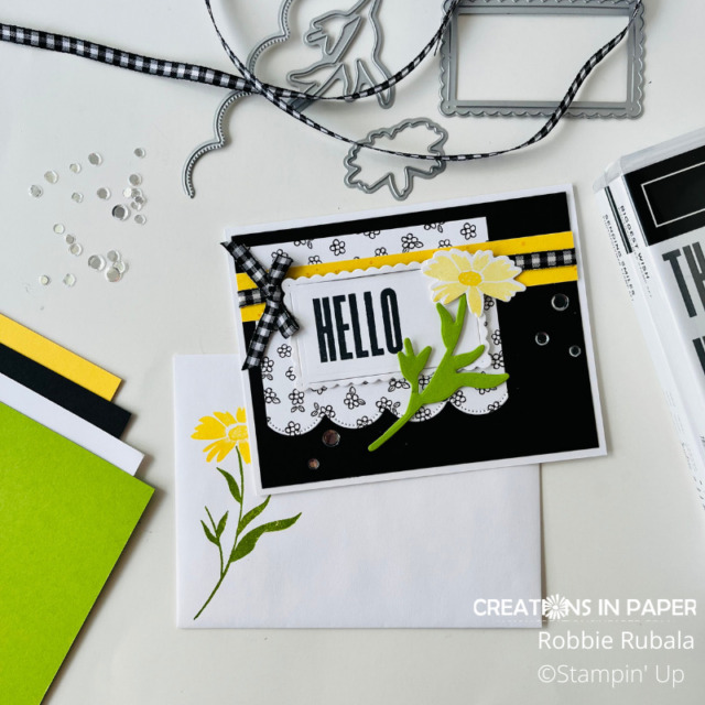 Look at how well the stamped images from the stamp set tie the card and envelope together.  Check out the Sending Smiles black, white, and yellow creation.