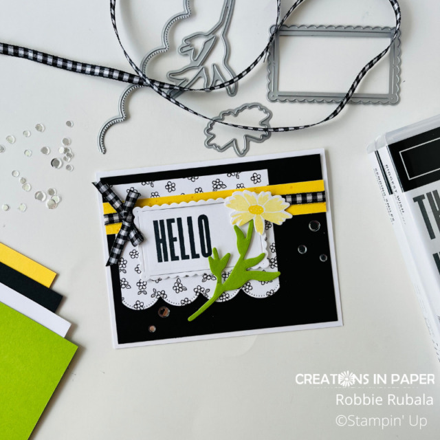 Take a look at this quick and easy card.  The Sending Smiles in black, white, and yellow is a fun idea and so easy to make.  Check out the card by clicking the image.