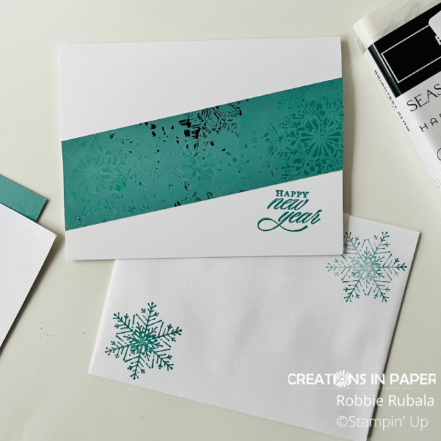 Snowflakes are perfect for decorating the inside of your card and envelope.  Here is how I used some from my stash to decorate my Snowflake Magic dsp clean and simple card.