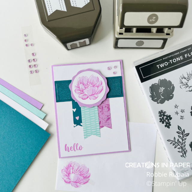 Using 3 colors can be easy when you pull in some dsp that has the colors in it.  Using 3 different collections, it was easy to create the Stampin' Up Two Tone Flora color combo creation.