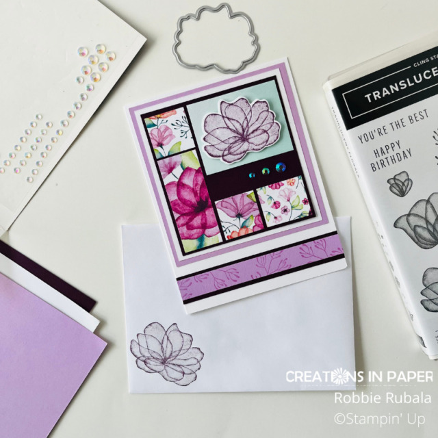 The image in the stamp set was used to add some interest in the strip across the bottom of the Translucent Florals card.  Use your images to make your own pattern paper.