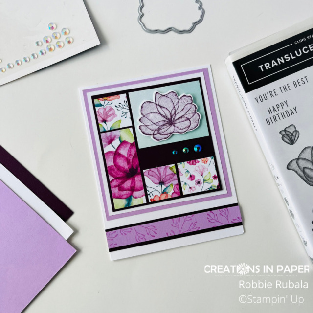 Gorgeous paper combines to make the perfect patchwork card front.  The Translucent Florals bundle creates beautiful flower images to use on your cards.