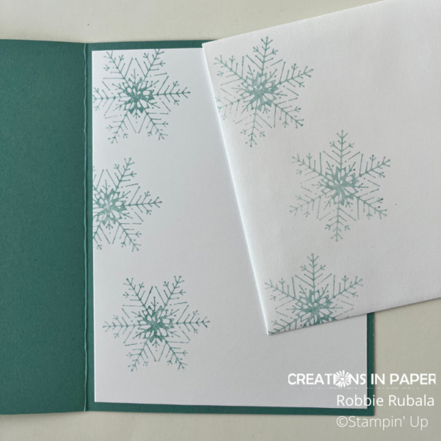 Use a snowflake stamp to carry the theme from the card front to the inside of the card and envelope for this Stampin' Up Nested Essentials card.